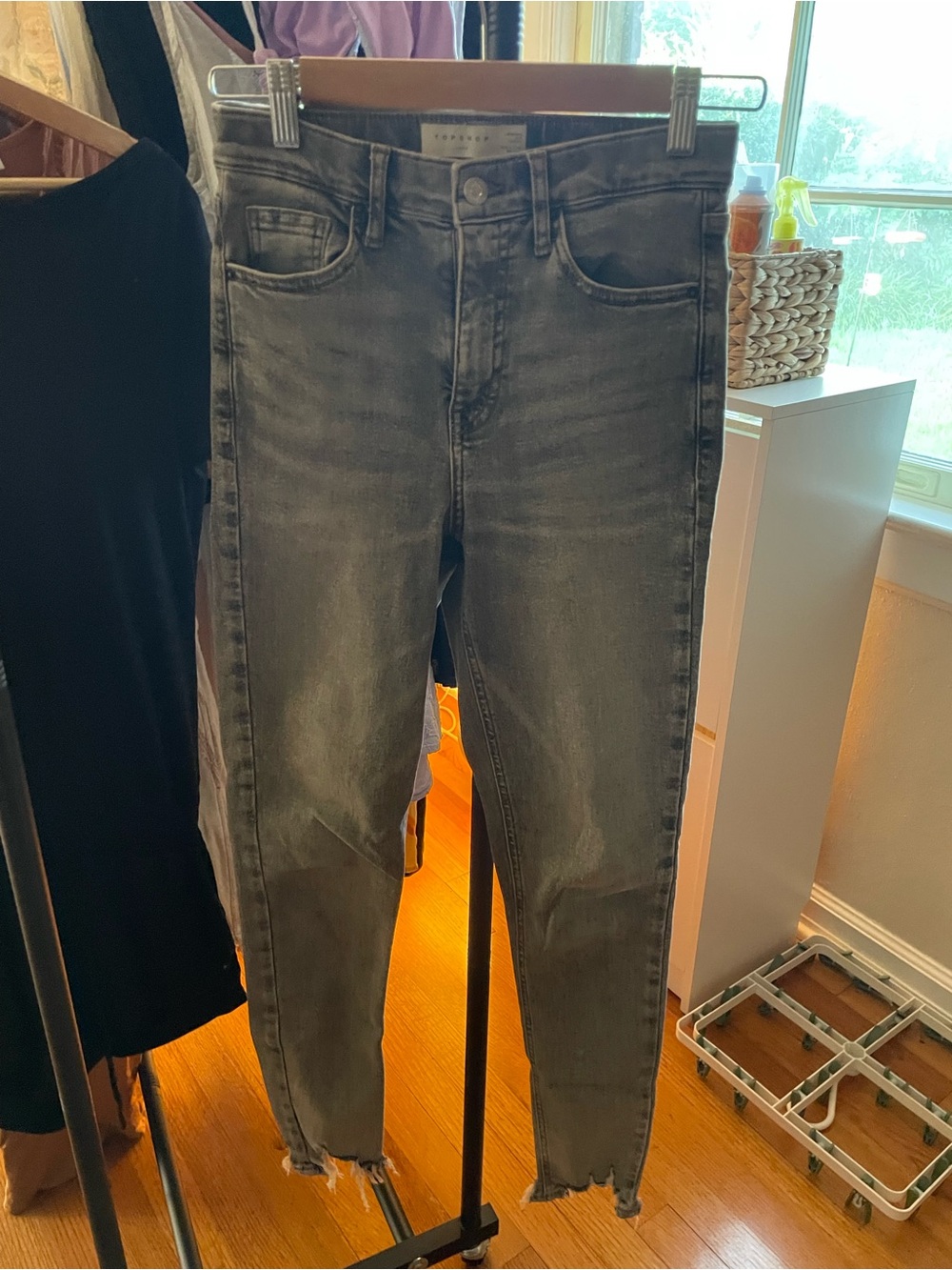 Topshop Women's Grey Washed Skinny Jeans with Frayed Hem